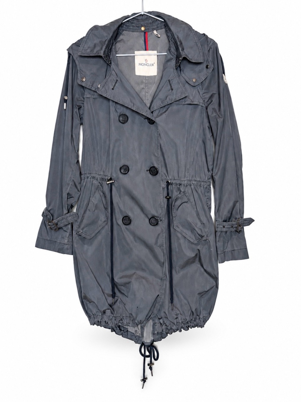 Moncler Tariec Blue Gray Hooded Lightweight Trench Coat Size 3